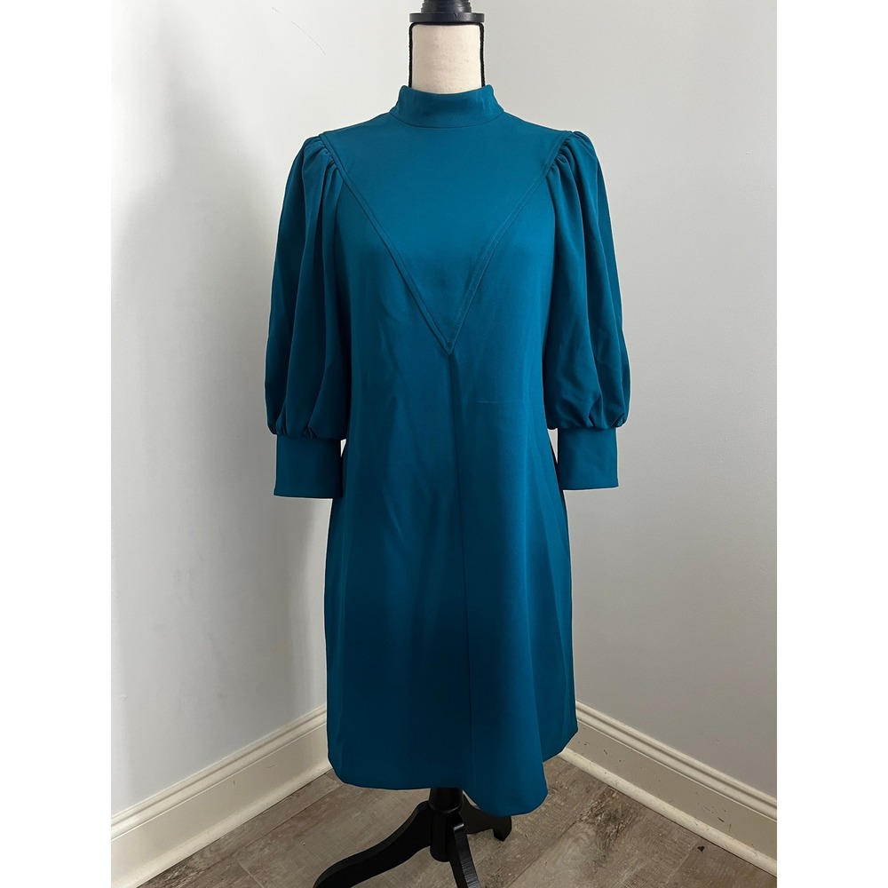 Calvin Klein Puff Sleeve Sheath Dress 6 Teal Blue Office Chic Retro Minimalist